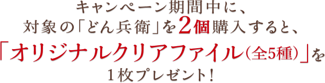 キャンペーン期間中に、対象の「どん兵衛」を2個購入すると、「オリジナルクリアファイル(全5種)」を1枚プレゼント！