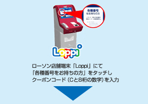 ローソン店舗端末「Loppi」にて「各種番号をお持ちの方」をタッチしクーポンコード（Cと8桁の数字）を入力