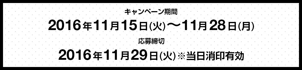 キャンペーン期間 2016年11月15日(火)～11月28日(月) 応募締切 2016年11月29日(火)※当日消印有効 