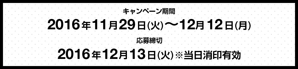 キャンペーン期間 2016年11月29日(火)~12月12日(月) 応募締切 2016年12月13日(火)※当日消印有効