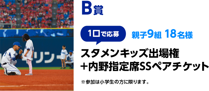 B賞（1口で応募　親子9組 18名様）スタメンキッズ出場権＋内野指定席SSペアチケット　※参加は小学生の方に限ります。