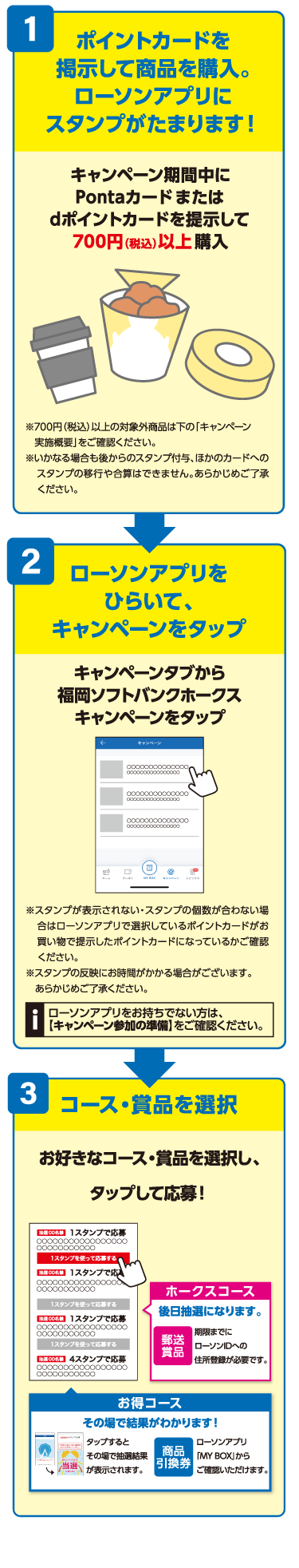 1.ポイントカードを掲示して商品を購入。ローソンアプリにスタンプがたまります！! 2.ローソンアプリをひらいて、キャンペーンをタップ 3.コース・賞品を選択