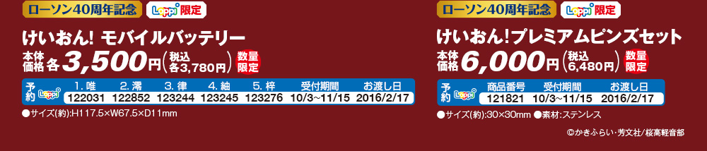 けいおん！ モバイルバッテリー 1.唯 2.澪 3.律 4.紬 5.梓/けいおん!プレミアムピンズセット