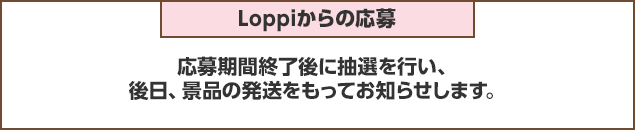 Loppiからの応募：応募期間終了後抽選を行い、後日、景品の発送をもってお知らせします。