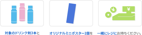 対象のドリンク剤3本とオリジナルミニポスター1個を一緒にレジにお持ちください。