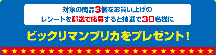 対象の商品3個をお買い上げのレシートを郵送で応募すると抽選で30名様にビックリマンプリカをプレゼント！