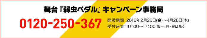 舞台『弱虫ペダル』キャンペーン事務局 0120-250-367 開設期間:2016年2月26日(金)〜4月28日(木)受付時間:10:00～17:00 ※土・日・祝は除く