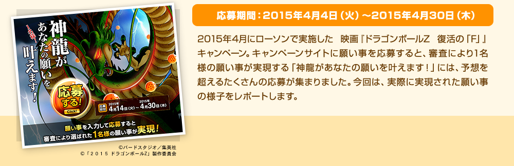 応募期間：2015年4月4日（火）〜2015年4月30日（木）　2015年4月にローソンで実施した 映画『ドラゴンボールZ 復活の「F」』キャンペーン。キャンペーンサイトに願い事を応募すると、審査により1名様の願い事が実現する「神龍があなたの願いを叶えます！」には、予想を超えるたくさんの応募が集まりました。今回は、実際に実現された願い事の様子をレポートします。