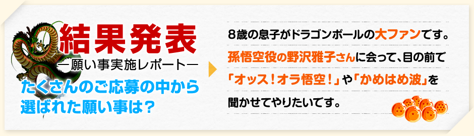 結果発表ー願い事実施レポートー たくさんのご応募の中から選ばれた願い事は？ 8歳の息子がドラゴンボールの大ファンです。孫悟空役の野沢雅子さんに会って、目の前で「オッス！オラ悟空！」や「かめはめ波」を聞かせてやりたいです。