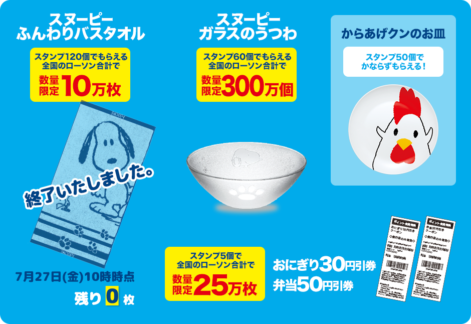 スヌーピー ふんわりバスタオル スタンプ120個でもらえる全国のローソン合計で数量限定10万枚 スヌーピー ガラスのうつわ スタンプ60個でもらえる全国のローソン合計で数量限定300万枚 からあげクンのお皿 スタンプ50個でかならずもらえる！ スタンプ5個で全国のローソン合計で数量限定25万枚 おにぎり30円引券 弁当50円引券