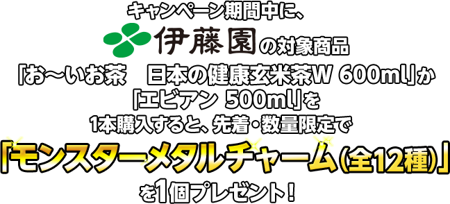 キャンペーン期間中に、伊藤園の対象商品「お〜いお茶　日本の健康玄米茶Ｗ 600ml」か「エビアン 500ml」を1本購入すると、先着・数量限定で「モンスターメタルチャーム（全12種）」を1個プレゼント！