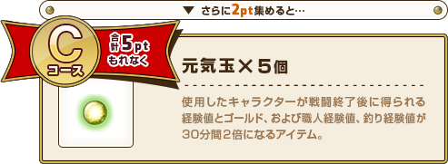 さらに2pt集めると･･･ Cコース合計5pt もれなく元気玉×5個 使用したキャラクターが戦闘終了後に得られる経験値とゴールド、および職人経験値、釣り経験値が30分間2倍になるアイテム。