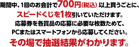 期間中、1回のお会計で700円（税込）以上買うごとに、スピードくじを1枚引いていただけます。応募券を各賞品の応募に必要な枚数ためて、PCまたはスマートフォンから応募してください。その場で抽選結果がわかります。