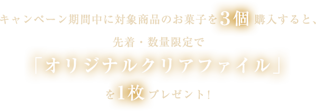 キャンペーン期間中に対象商品のお菓子を3個購入すると、先着・数量限定で「オリジナルクリアファイル」を1枚プレゼント！