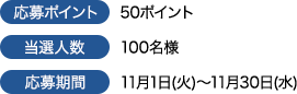 応募ポイント 50ポイント 当選人数 100名様 応募期間 11月1日(火)〜11月30日(水)