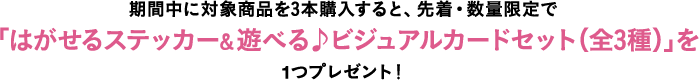 期間中に対象商品を3本購入すると、先着・数量限定で「はがせるステッカー&遊べる♪ビジュアルカードセット（全3種）」を1つプレゼント！