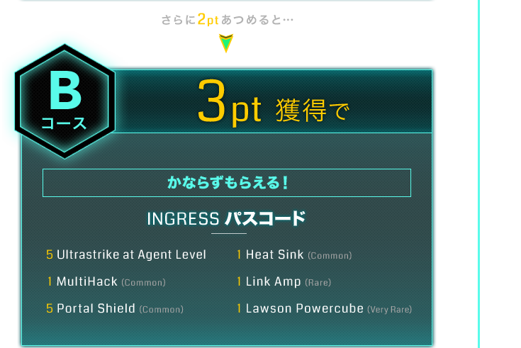 さらに2ptあつめると…Bコース3pt獲得でかならずもらえる！INGRESS パスコード5 Ultrastrike at Agent Level 1 Heat Sink (Common) 1 MultiHack (Common) 1 Link Amp (Rare)5 Portal Shield (Common) 1 Lawson Powercube (Very Rare)