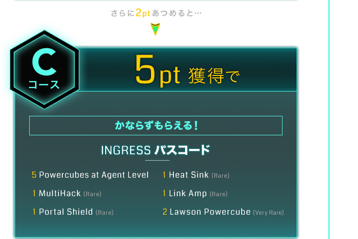 さらに2ptあつめると…Cコース 5pt獲得で かならずもらえる！INGRESS パスコード5 Powercubes at Agent Level 1 Heat Sink (Rare) 1 MultiHack (Rare) 1 Link Amp (Rare) 1 Portal Shield (Rare)2 Lawson Powercube (Very Rare)