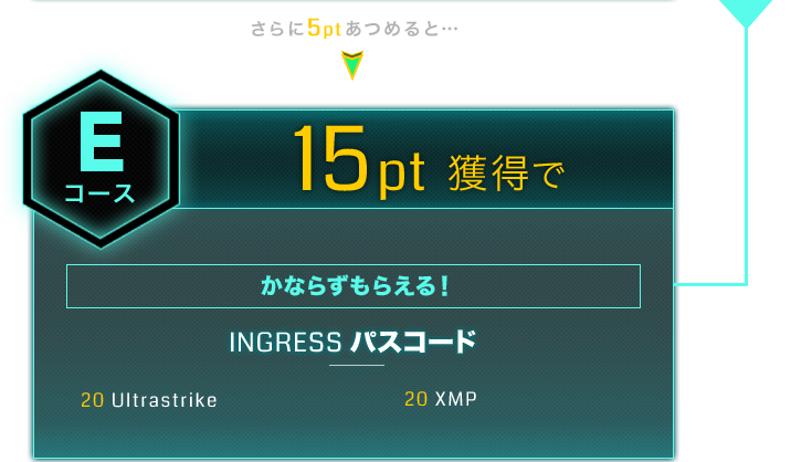 さらに5ptあつめると…Eコース 15pt獲得でかならずもらえる！INGRESS パスコード 20 Ultrastrike 20 XMP