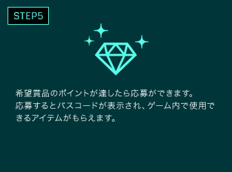 希望賞品のポイントが達したら応募ができます。応募するとパスコードが表示され、ゲーム内で使用できるアイテムがもらえます。