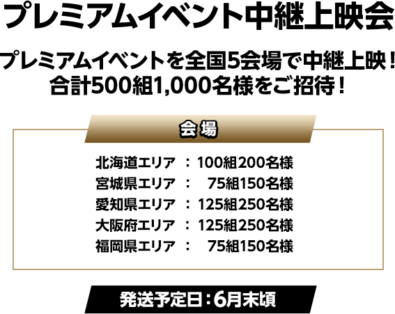 プレミアムイベント中継上映会 プレミアムイベントを全国5会場で中継上映！合計500組1,000名様をご招待！（発送予定日：6月末頃）