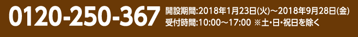 0120-250-367　開設期間:2018年1月23日(火)〜2018年9月28日(金) 受付時間:10:00〜17:00 ※土・日・祝日を除く