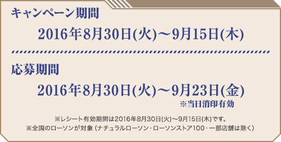 キャンペーン期間 2016年8月30日(火)〜9月15日(木) 応募期間 2016年8月30日(火)〜9月23日(金)