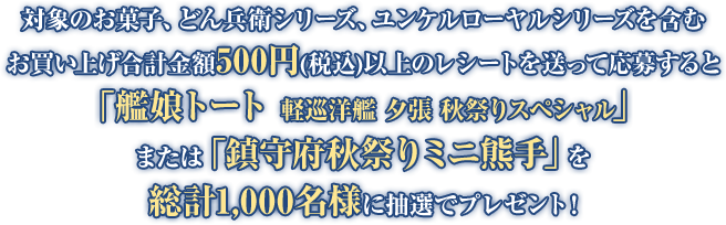 対象のお菓子、どん兵衛シリーズ、ユンケルローヤルシリーズを含むお買い上げ合計金額500円(税込)以上のレシートを送って応募すると「艦娘トート 軽巡洋艦 夕張 秋祭りスペシャル」または「鎮守府秋祭りミニ熊手」を総計1,000名様に抽選でプレゼント！