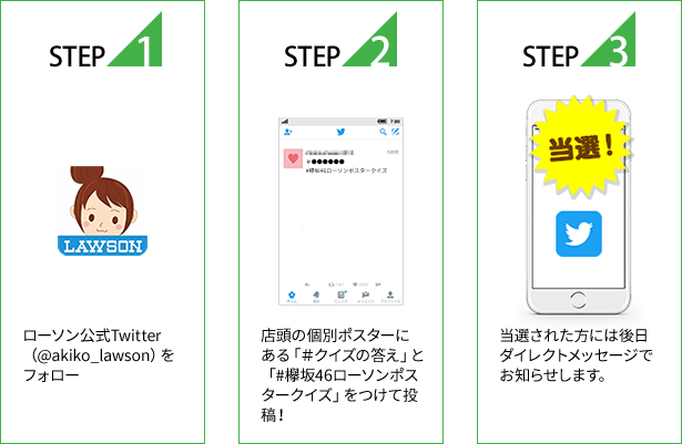 STEP1 ローソン公式Twitter（@akiko_lawson）をフォロー STEP2 店頭の個別ポスターにある「＃クイズの答え」と「#欅坂46ローソンポスタークイズ」をつけて投稿！ STEP3 当選された方には後日ダイレクトメッセージでお知らせします。