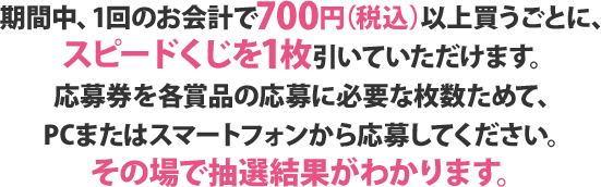 期間中、1回のお会計で700円（税込）以上買うごとに、スピードくじを1枚引いていただけます。応募券を各賞品の応募に必要な枚数ためて、PCまたはスマートフォンから応募してください。その場で抽選結果がわかります。