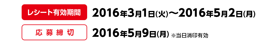 レシート有効期間 2016年3月1日(火)～2016年5月2日(月) 応募締切 2016年5月9日(月) ※当日消印有効
