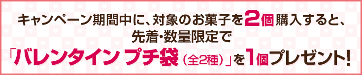 キャンペーン期間中に、対象のお菓子を2個購入すると、先着・数量限定で「バレンタイン プチ袋（全2種）」を1個プレゼント！