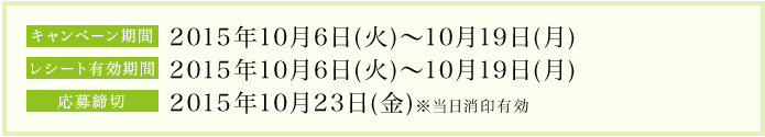 キャンペーン期間2015年10月6日(火)～10月19日(月) レシート有効期間2015年10月6日(火)～10月19日(月) 応募締切2015年10月23日(金)※当日消印有効