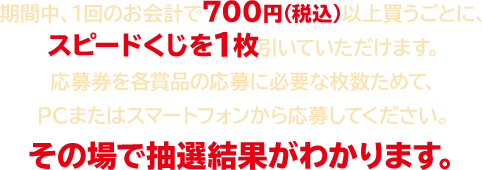 期間中、1回のお会計で700円（税込）以上買うごとに、スピードくじを1枚引いていただけます。応募券を各賞品の応募に必要な枚数ためて、PCまたはスマートフォンから応募してください。その場で抽選結果がわかります。