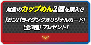 対象のカップめん2個を購入で「ガンバライジングオリジナルカード」（全3種）プレゼント！