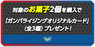 対象のお菓子2個を購入で「ガンバライジングオリジナルカード」（全3種）プレゼント！