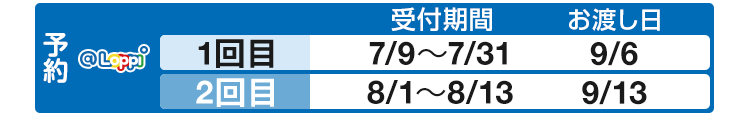 予約 @Loppi 1回目 受付期間 7/9〜7/31 お渡し日 9/6 2回目 受付期間 8/1〜8/13 お渡し日 9/13