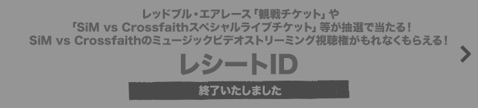 レッドブル・エアレース「観戦チケット」や「SiM vs Crossfaithスペシャルライブチケット」等が抽選で当たる！SiM vs Crossfaithのミュージックビデオストリーミング視聴権がもれなくもらえる！ レシートID 終了いたしました