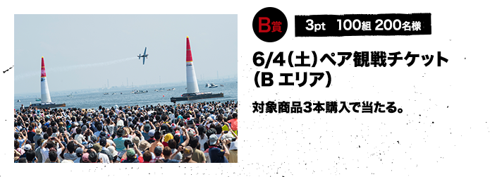 B賞 3pt 100組 200名様 6/4（土）ペア観戦チケット（Bエリア） 対象商品3本購入で当たる。