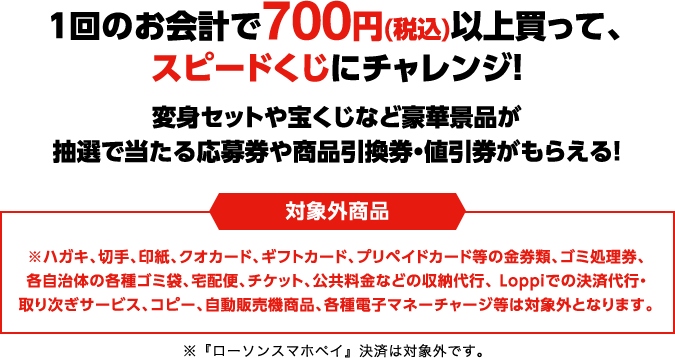 一回のお会計で700円(税込)以上買ってスピードくじにチャレンジ！変身セットや宝くじなど豪華景品が抽選で当たる応募券や商品引換券・割引券がもらえる！