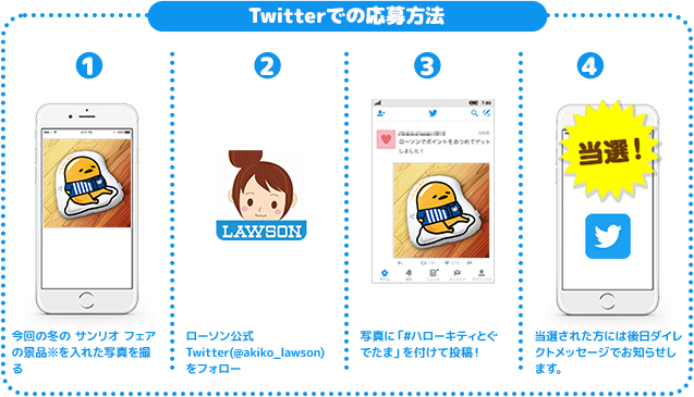 Twitterでの応募方法 1 今回の冬の サンリオ フェアの景品※を入れた写真を撮る 2 ローソン公式Twitter(@akiko_lawson)をフォロー 3 写真に「#ハローキティとぐでたま」を付けて投稿！ 4 当選された方には後日ダイレクトメッセージでお知らせします。