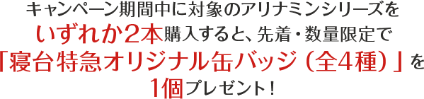 キャンペーン期間中に対象のアリナミンシリーズをいずれか2本購入すると、先着・数量限定で「寝台特急オリジナル缶バッジ（全4種）」を1個プレゼント！