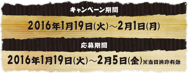 キャンペーン期間 2016年1月19日(火)〜2月1日(月) 応募期間 2016年1月19日(火)〜2月5日(金)※当日消印有効