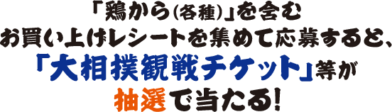 「鶏から（各種）」を含むお買い上げレシートを集めて応募すると「大相撲観戦チケット」等が抽選で当たる！