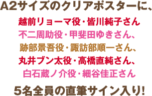 A2サイズのクリアポスターに、越前リョーマ役・皆川純子さん 不二周助役・甲斐田ゆきさん、跡部景吾役・諏訪部順一さん、丸井ブン太役・⾼橋直純さん、⽩⽯蔵ノ介役・細⾕佳正さん 5名全員の直筆サイン入り!