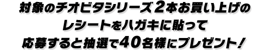 対象のチオビタシリーズ2本お買い上げのレシートをハガキに貼って応募すると抽選で40名様にプレゼント!