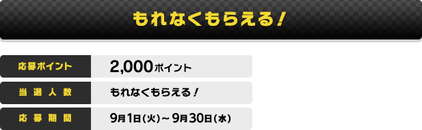 もれなくもらえる！ 応募ポイント:2,000ポイント 当選人数:もれなくもらえる 応募期間:9月1日(火)〜9月30日(水)