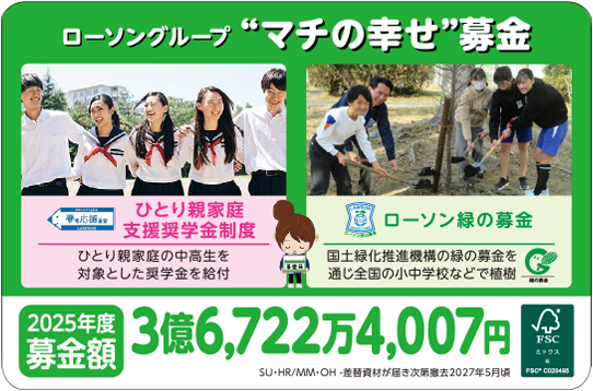 ローソングループ“マチの幸せ”募金 ~子どもたちの未来のために~。ローソン緑の募金・ひとり親家庭支援奨学金制度、2025年度の募金額は3億6,722万4,007円。SU・HR/MM・OH -差替資材が届き次第撤去2027年5月頃