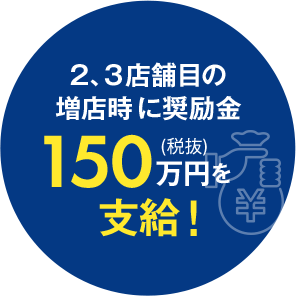 2、3店舗目の増店時に奨励金150万円（税抜）を支給！