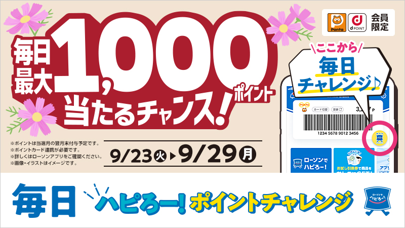 【ローソンアプリ限定】毎日ハピろー！ポイントチャレンジで最大1,000ポイントGET！